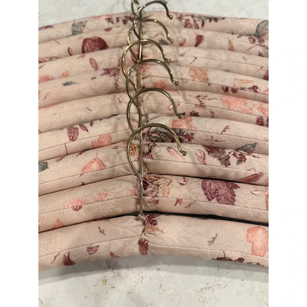 Vintage Padded Satin Clothes Hangers Set of 9 Floral Botanical Pink Gold Hook